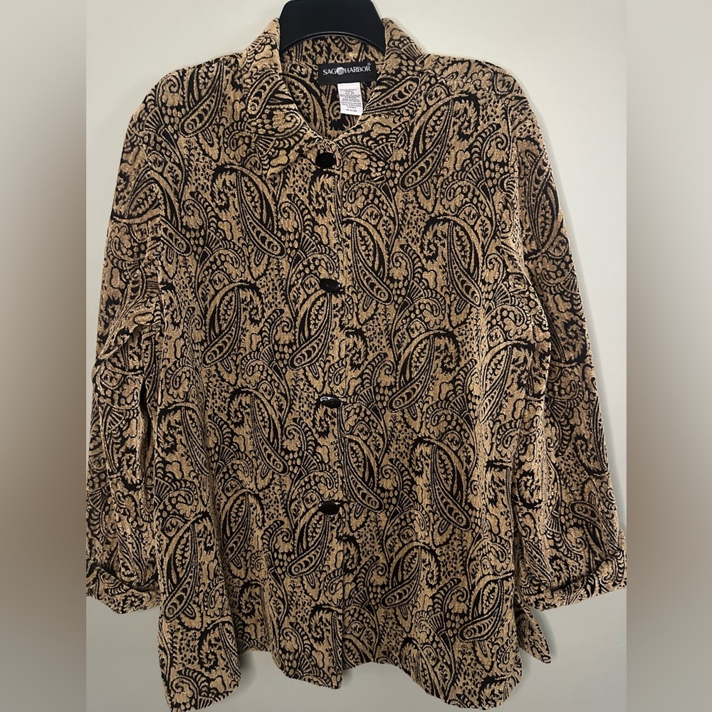 Vintage Sag Harbor Black and Gold Tapestry Paisley Blazer Top Button up size 14